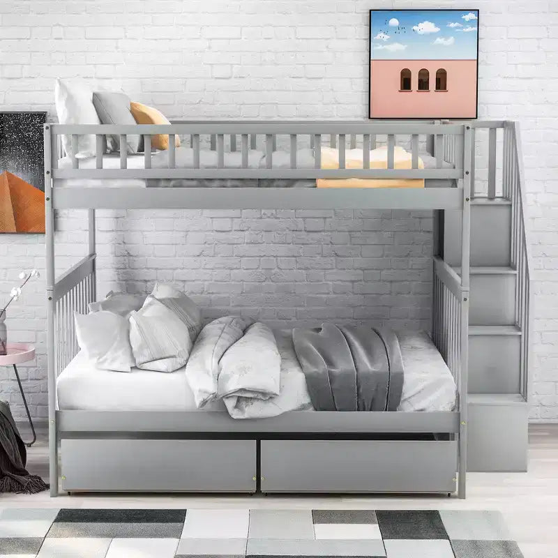 Lit superposé double sur double avec deux tiroirs de rangement et des étagères de rangement pour chambre d'enfants, d'adolescents et d'adultes