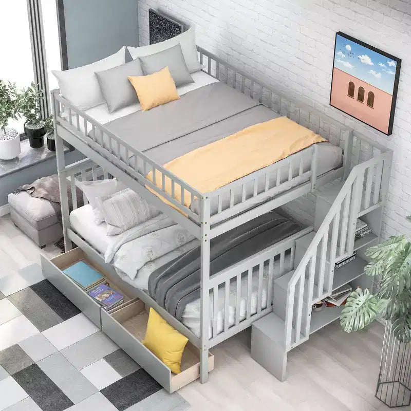 Lit superposé double sur double avec deux tiroirs de rangement et des étagères de rangement pour chambre d'enfants, d'adolescents et d'adultes