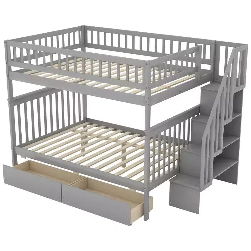Lit superposé double sur double avec deux tiroirs de rangement et des étagères de rangement pour chambre d'enfants, d'adolescents et d'adultes