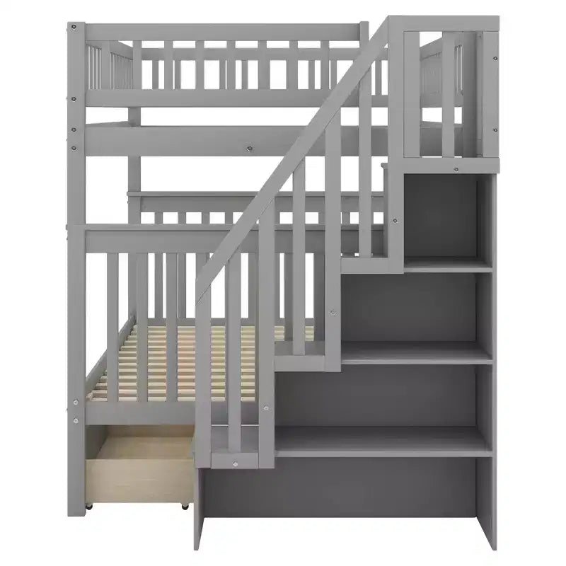 Lit superposé double sur double avec deux tiroirs de rangement et des étagères de rangement pour chambre d'enfants, d'adolescents et d'adultes
