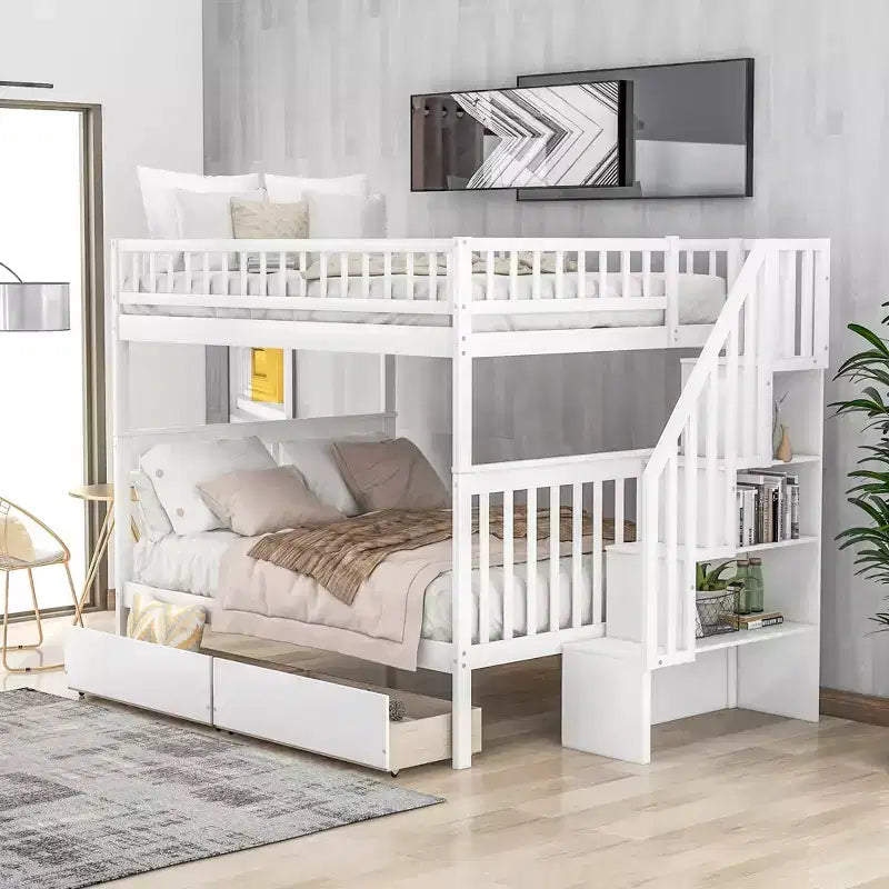 Lit superposé double sur double avec deux tiroirs de rangement et des étagères de rangement pour chambre d'enfants, d'adolescents et d'adultes