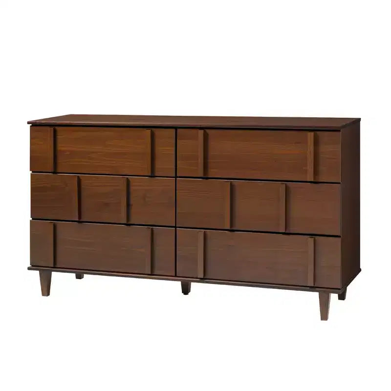 Commode double en bois massif à 6 tiroirs, accents verticaux modernes, Noyer
