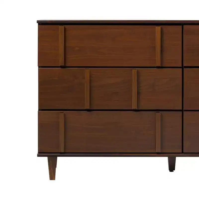Commode double en bois massif à 6 tiroirs, accents verticaux modernes, Noyer