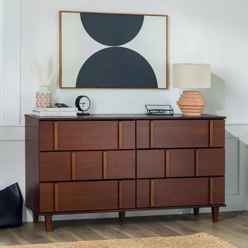 Commode double en bois massif à 6 tiroirs, accents verticaux modernes, Noyer