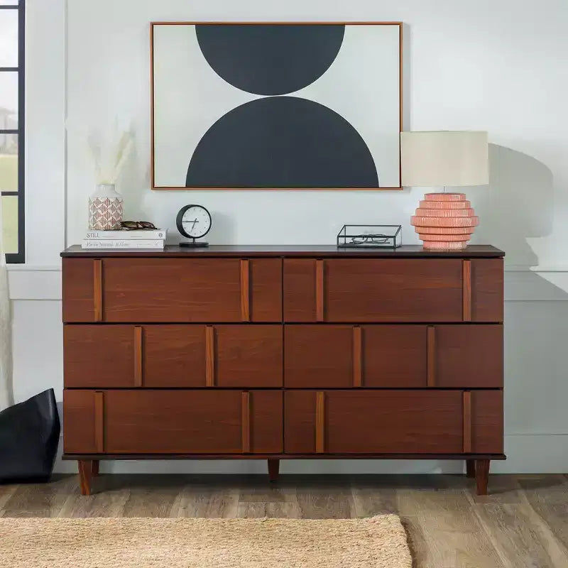 Commode double en bois massif à 6 tiroirs, accents verticaux modernes, Noyer