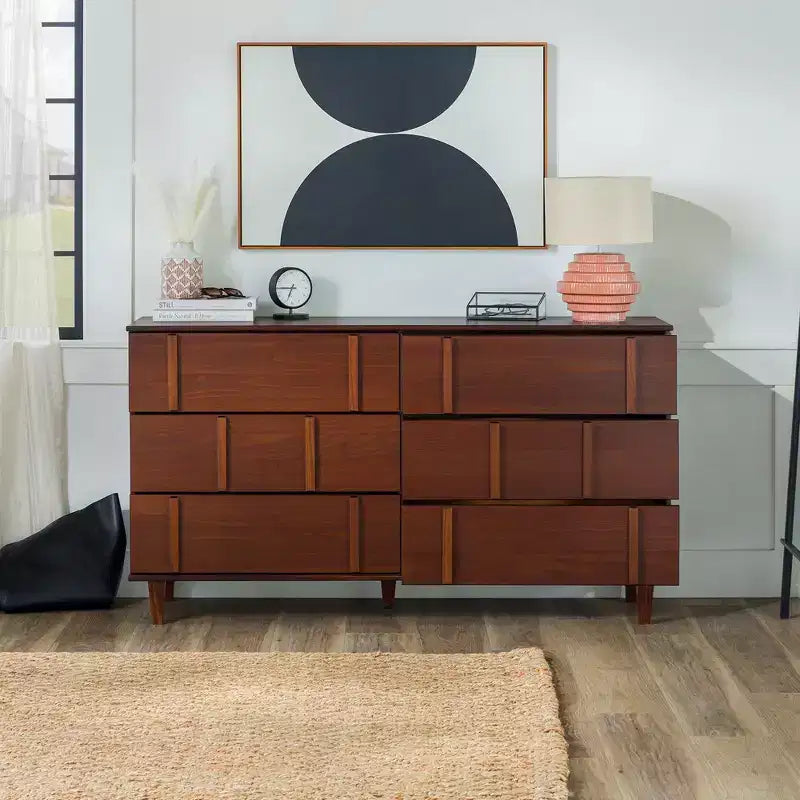 Commode double en bois massif à 6 tiroirs, accents verticaux modernes, Noyer