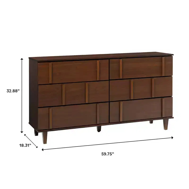 Commode double en bois massif à 6 tiroirs, accents verticaux modernes, Noyer