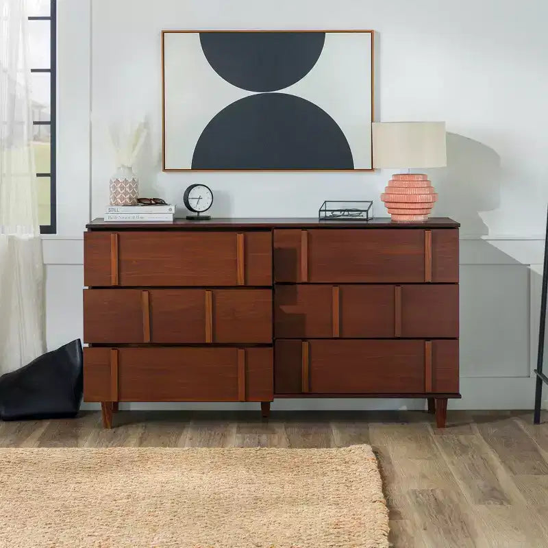 Commode double en bois massif à 6 tiroirs, accents verticaux modernes, Noyer