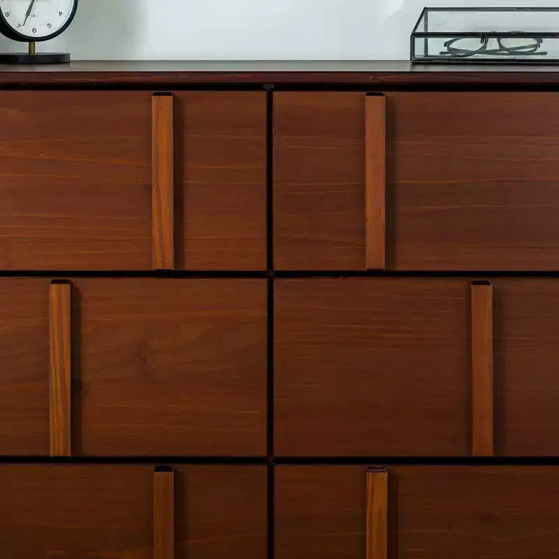 Commode double en bois massif à 6 tiroirs, accents verticaux modernes, Noyer
