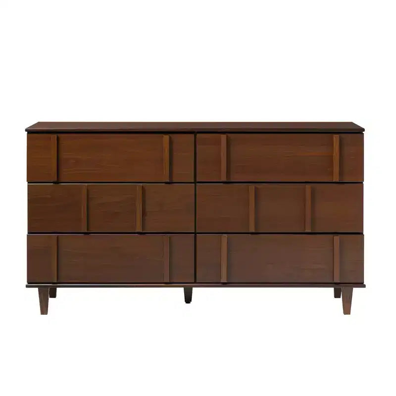 Commode double en bois massif à 6 tiroirs, accents verticaux modernes, Noyer