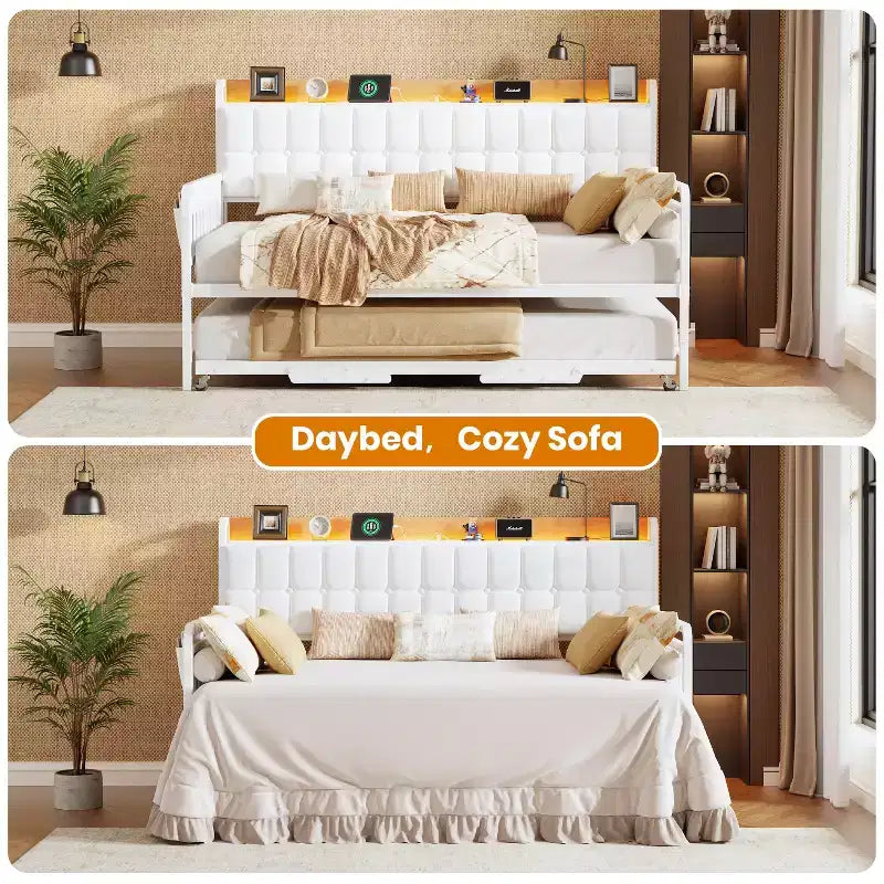 Lit de repos jumeau avec lit gigogne et station de charge, cadre de canapé-lit rembourré avec tête de lit de rangement et lumière LED, 195 cm (L) x 116 cm (l)