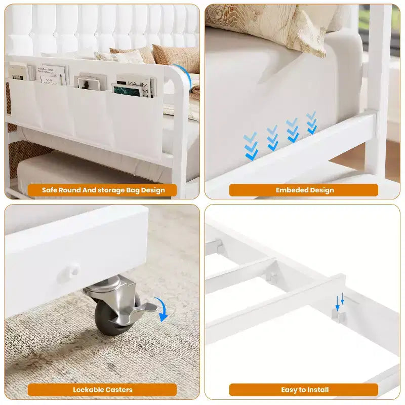 Lit de repos jumeau avec lit gigogne et station de charge, cadre de canapé-lit rembourré avec tête de lit de rangement et lumière LED, 195 cm (L) x 116 cm (l)