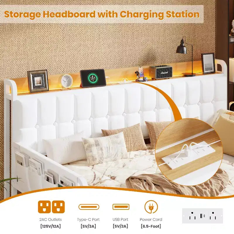 Lit de repos jumeau avec lit gigogne et station de charge, cadre de canapé-lit rembourré avec tête de lit de rangement et lumière LED, 195 cm (L) x 116 cm (l)