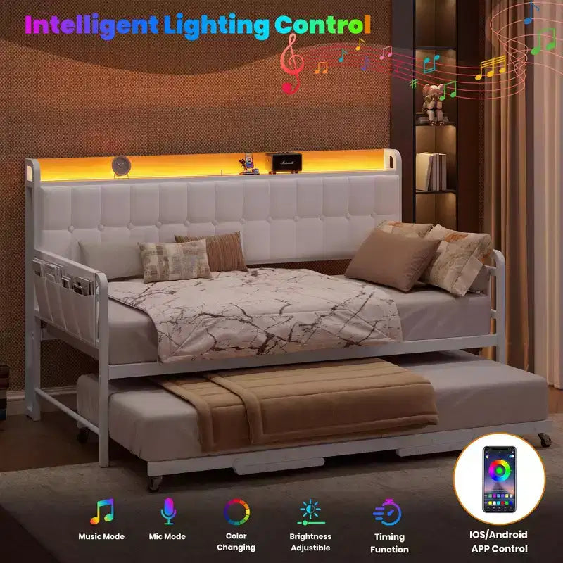 Lit de repos jumeau avec lit gigogne et station de charge, cadre de canapé-lit rembourré avec tête de lit de rangement et lumière LED, 195 cm (L) x 116 cm (l)