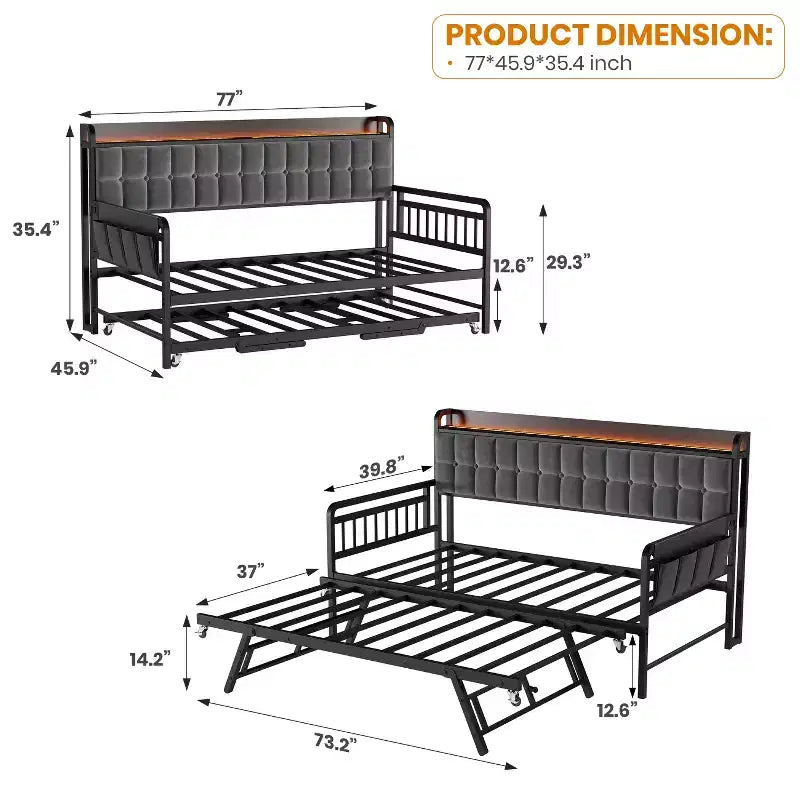 Lit de repos jumeau avec lit gigogne et station de charge, cadre de canapé-lit rembourré avec tête de lit de rangement et lumière LED, 195 cm (L) x 116 cm (l)