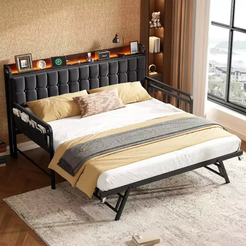 Lit de repos jumeau avec lit gigogne et station de charge, cadre de canapé-lit rembourré avec tête de lit de rangement et lumière LED, 195 cm (L) x 116 cm (l)
