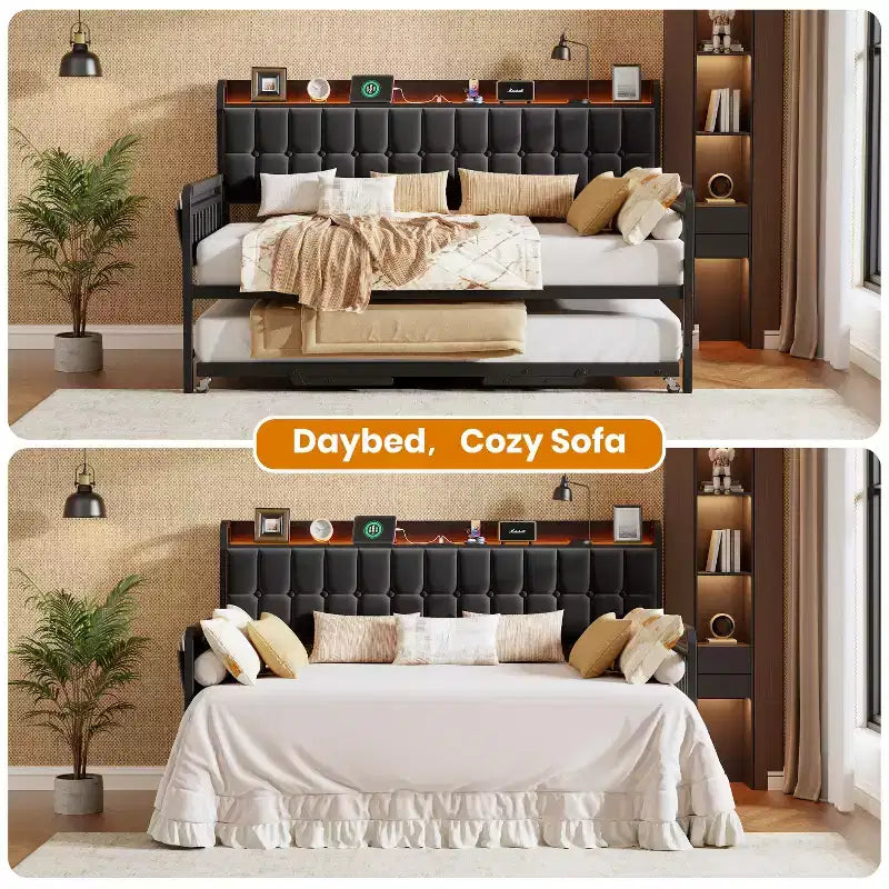 Lit de repos jumeau avec lit gigogne et station de charge, cadre de canapé-lit rembourré avec tête de lit de rangement et lumière LED, 195 cm (L) x 116 cm (l)