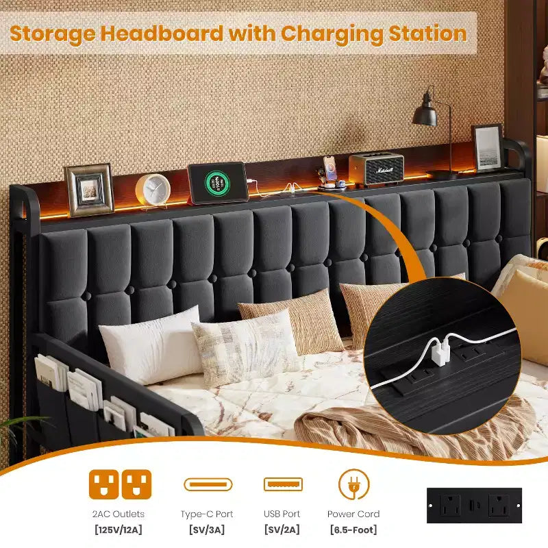 Lit de repos jumeau avec lit gigogne et station de charge, cadre de canapé-lit rembourré avec tête de lit de rangement et lumière LED, 195 cm (L) x 116 cm (l)