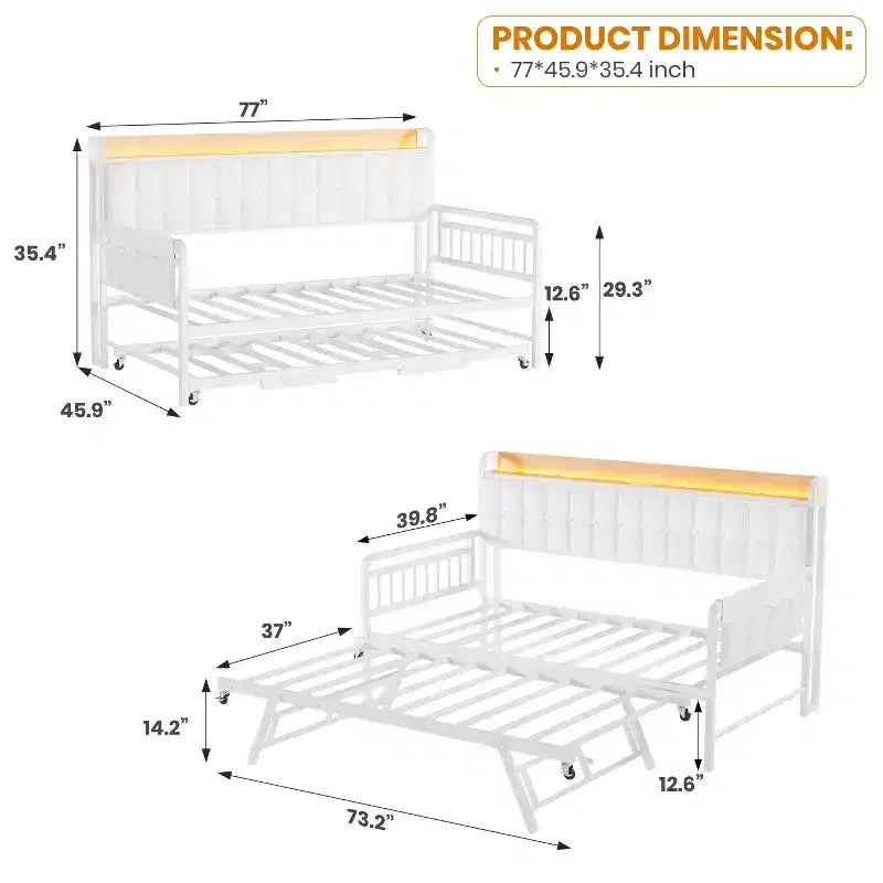 Lit de repos jumeau avec lit gigogne et station de charge, cadre de canapé-lit rembourré avec tête de lit de rangement et lumière LED, 195 cm (L) x 116 cm (l)