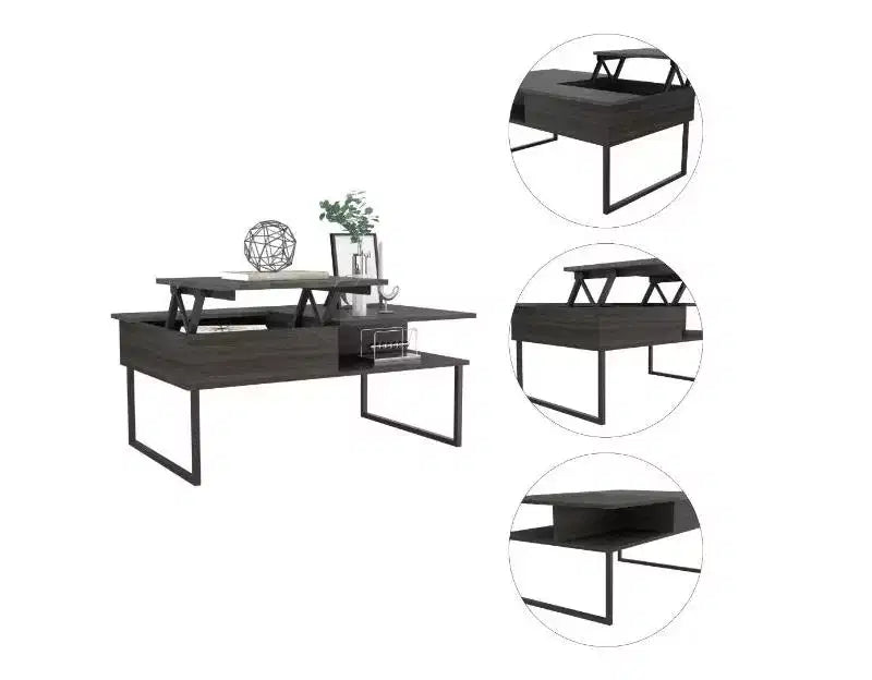 Table basse relevable avec une étagère, finition Carbone Espresso / Onyx
