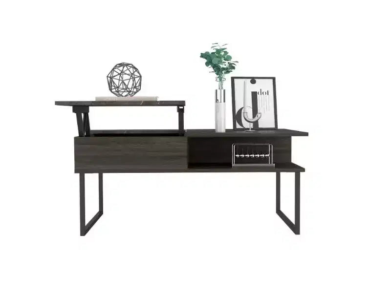 Table basse relevable avec une étagère, finition Carbone Espresso / Onyx