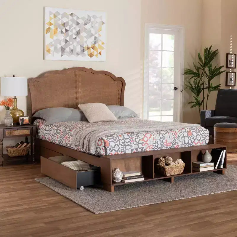 Lit de rangement King Size en bois et rotin, Noyer brun