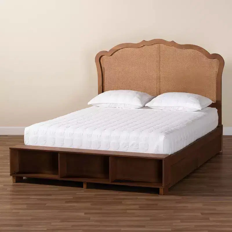Lit de rangement King Size en bois et rotin, Noyer brun