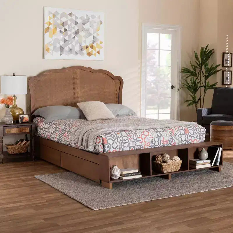 Lit de rangement King Size en bois et rotin, Noyer brun