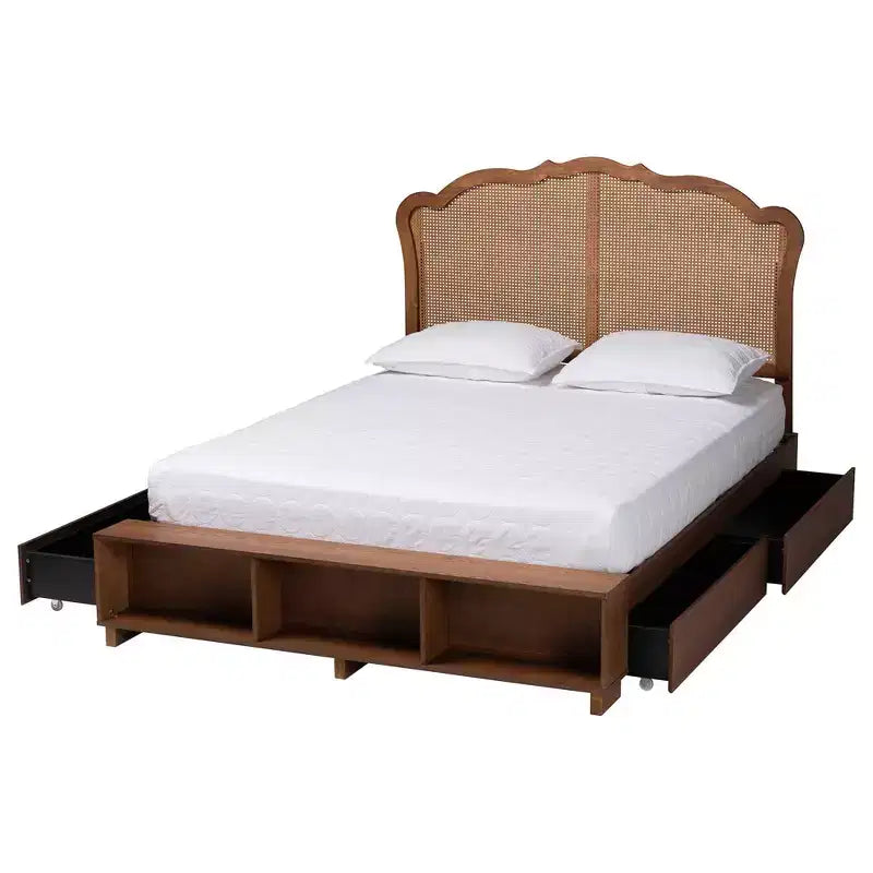 Lit de rangement King Size en bois et rotin, Noyer brun