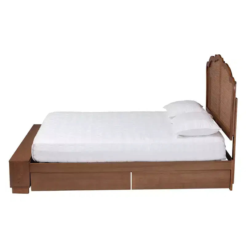 Lit de rangement King Size en bois et rotin, Noyer brun