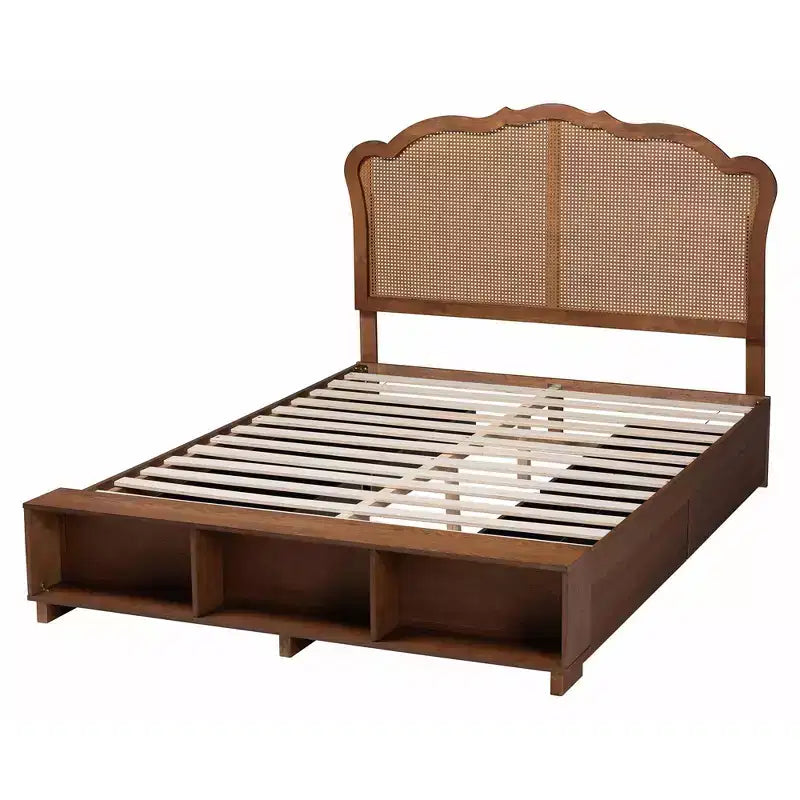 Lit de rangement King Size en bois et rotin, Noyer brun