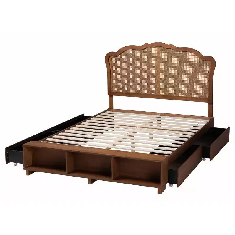 Lit de rangement King Size en bois et rotin, Noyer brun