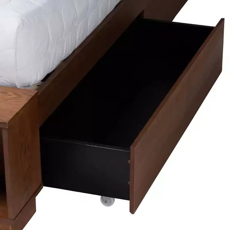 Lit de rangement King Size en bois et rotin, Noyer brun
