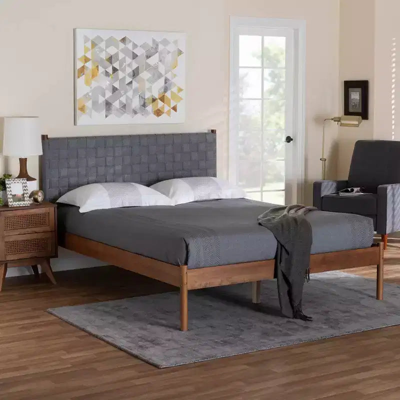 Lit plateforme Queen Size en tissu tissé et bois, Gris/Noyer