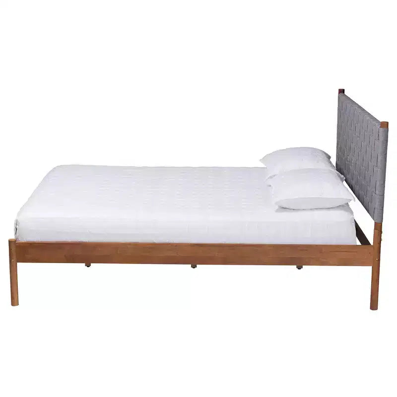 Lit plateforme Queen Size en tissu tissé et bois, Gris/Noyer