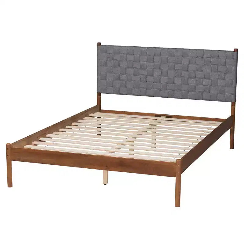 Lit plateforme Queen Size en tissu tissé et bois, Gris/Noyer