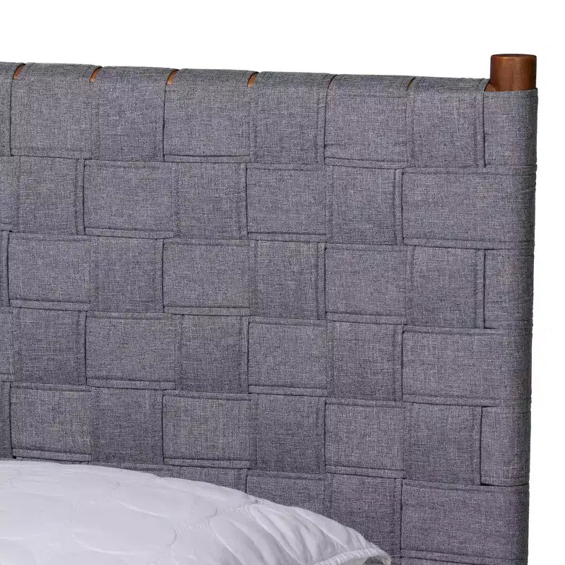 Lit plateforme Queen Size en tissu tissé et bois, Gris/Noyer