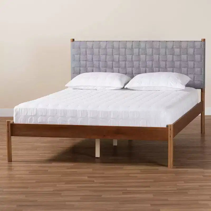 Lit plateforme Queen Size en tissu tissé et bois, Gris/Noyer