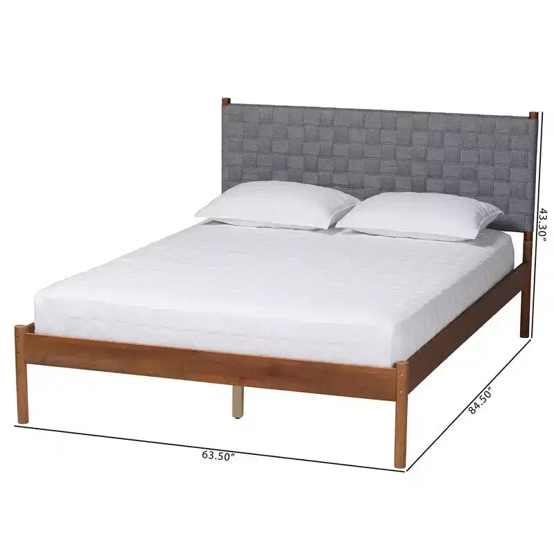 Lit plateforme Queen Size en tissu tissé et bois, Gris/Noyer