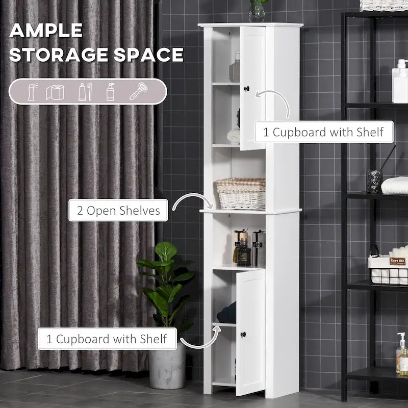 HOMCOM Meuble Colonne Salle de Bain, Tour de Rangement Autonome avec Étagères à 2 Niveaux et 2 Placards, Blanc