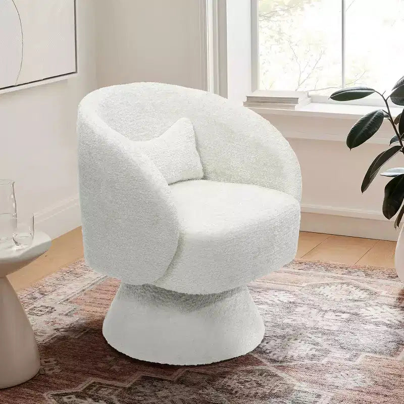 Fauteuil club pivotant rembourré crème avec piètement en bois crème, blanc cassé