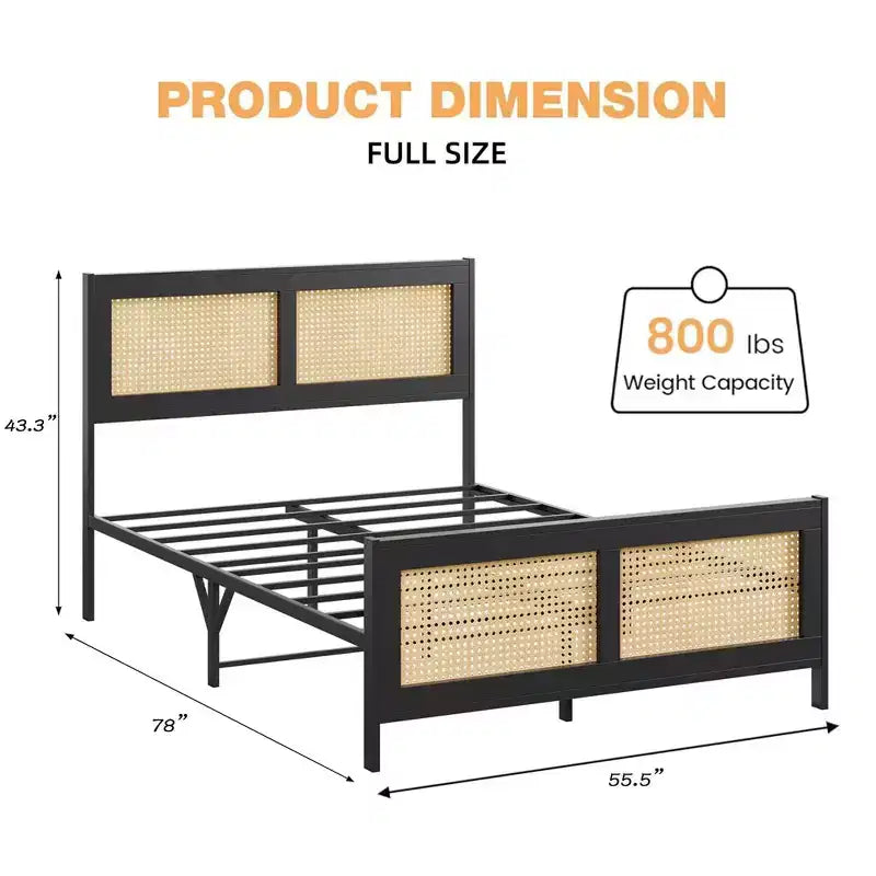Cadre de lit plateforme Queen Size bohème en rotin avec tête de lit, lattes métalliques robustes, pas besoin de sommier tapissier, silencieux, noir
