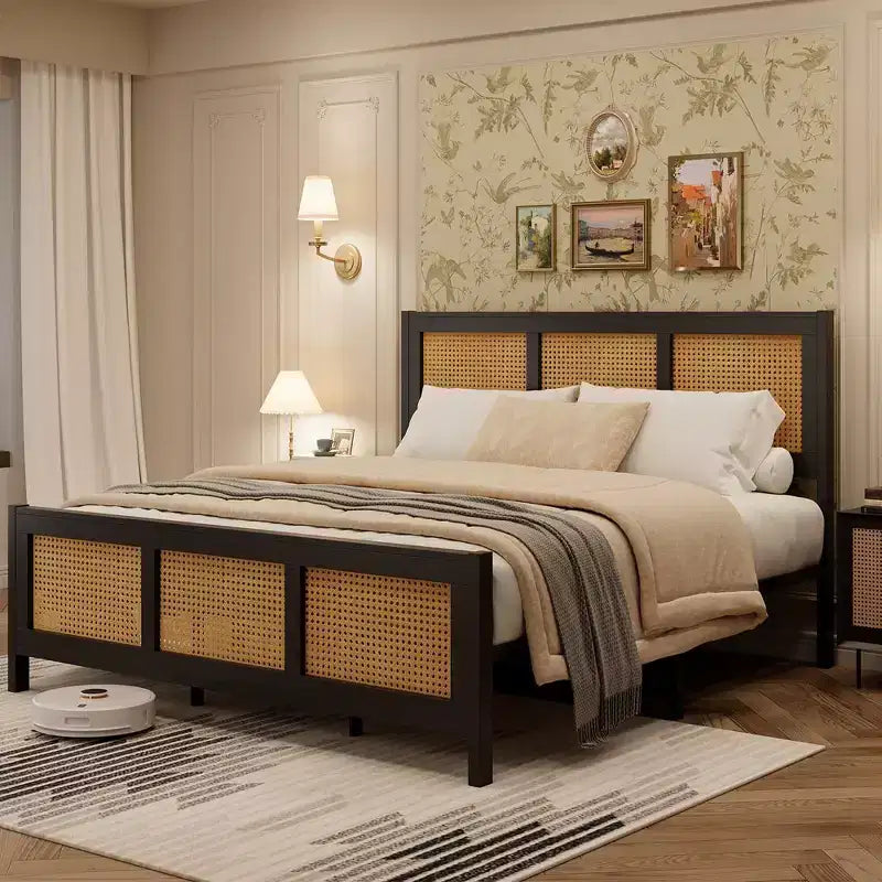 Cadre de lit plateforme Queen Size bohème en rotin avec tête de lit, lattes métalliques robustes, pas besoin de sommier tapissier, silencieux, noir