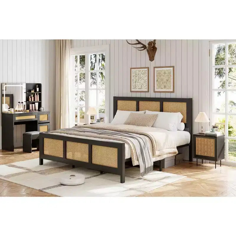 Cadre de lit plateforme Queen Size bohème en rotin avec tête de lit, lattes métalliques robustes, pas besoin de sommier tapissier, silencieux, noir