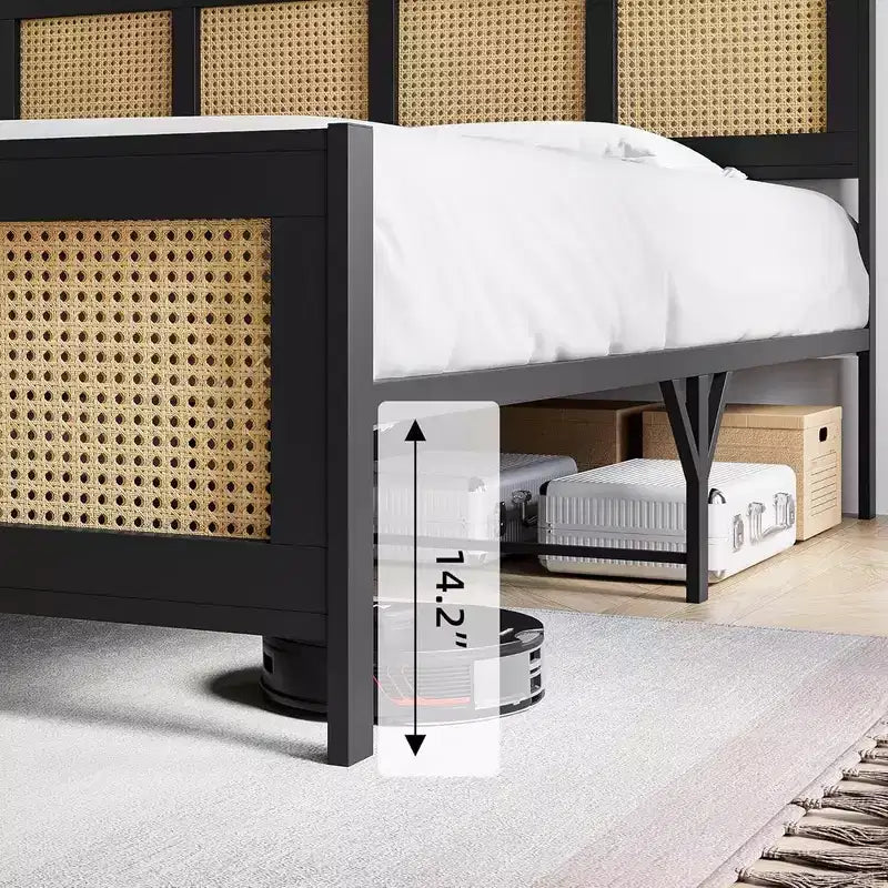 Cadre de lit plateforme Queen Size bohème en rotin avec tête de lit, lattes métalliques robustes, pas besoin de sommier tapissier, silencieux, noir
