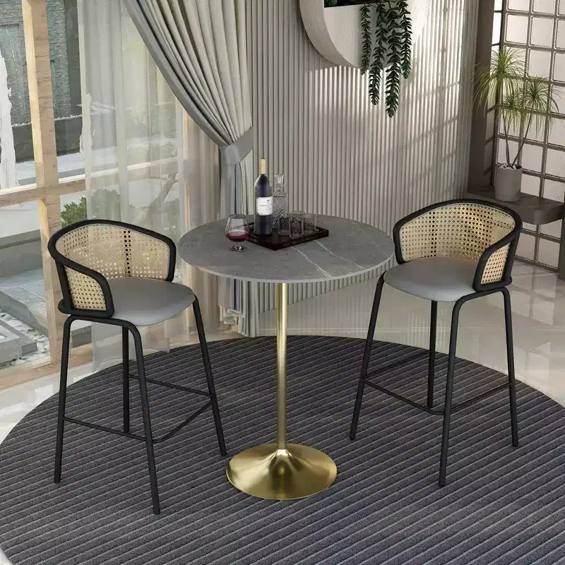 Table de salle à manger ronde de 36 po de hauteur bar avec plateau en pierre frittée et base piédestal en acier inoxydable doré