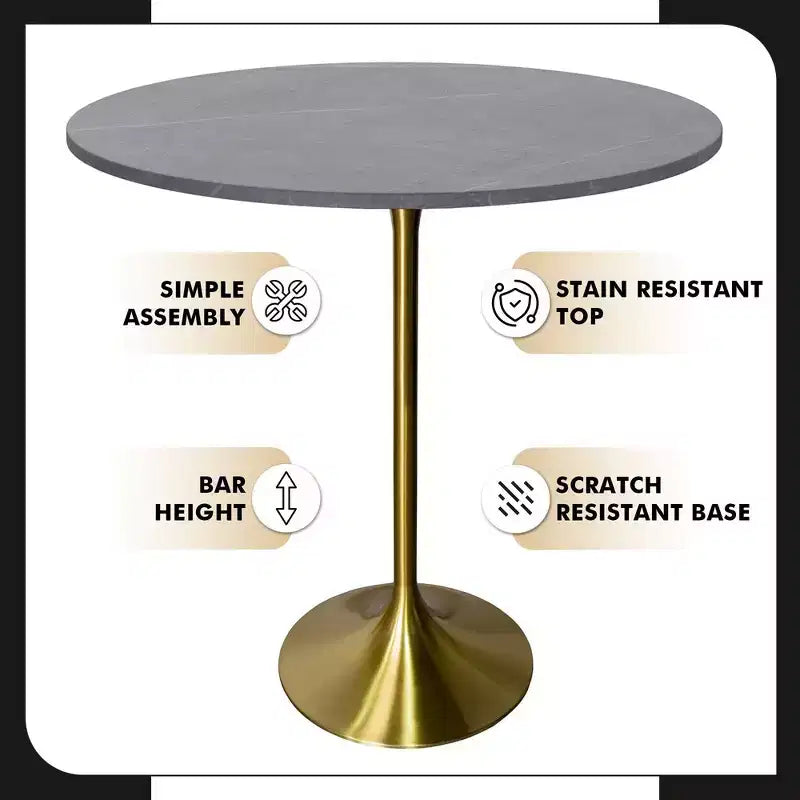 Table de salle à manger ronde de 36 po de hauteur bar avec plateau en pierre frittée et base piédestal en acier inoxydable doré