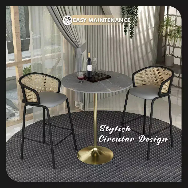Table de salle à manger ronde de 36 po de hauteur bar avec plateau en pierre frittée et base piédestal en acier inoxydable doré