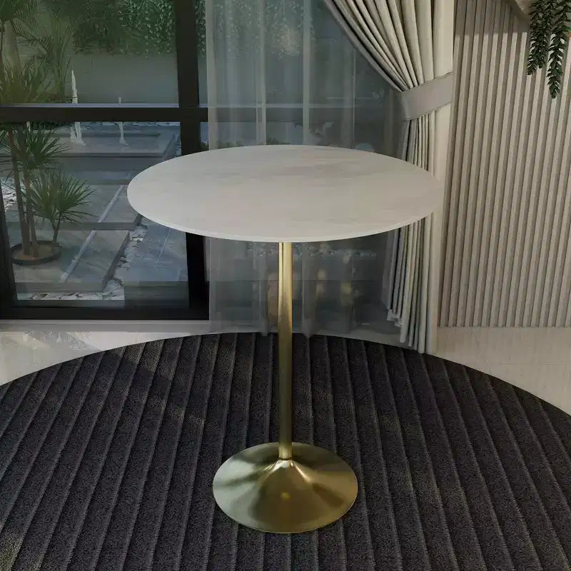 Table de salle à manger ronde de 36 po de hauteur bar avec plateau en pierre frittée et base piédestal en acier inoxydable doré