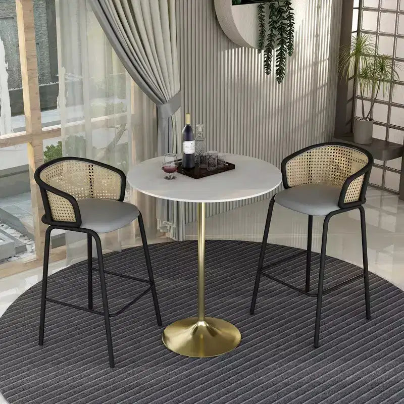 Table de salle à manger ronde de 36 po de hauteur bar avec plateau en pierre frittée et base piédestal en acier inoxydable doré